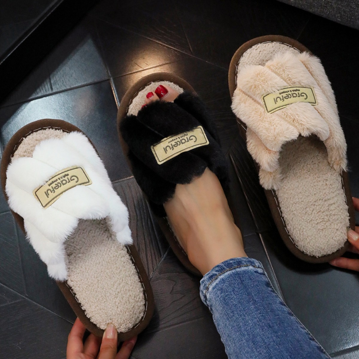 Free shipping luxury Women Winter Fuzzy Plush Slippers Soft Fleece Lined Non Slip Thick Sole Indoor House Shoes