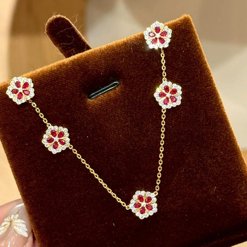 New Chinese-style zircon flower earrings, necklace, bracelet, simple and stylish jewelry set, light luxury niche accessories for women-image-1111344641
