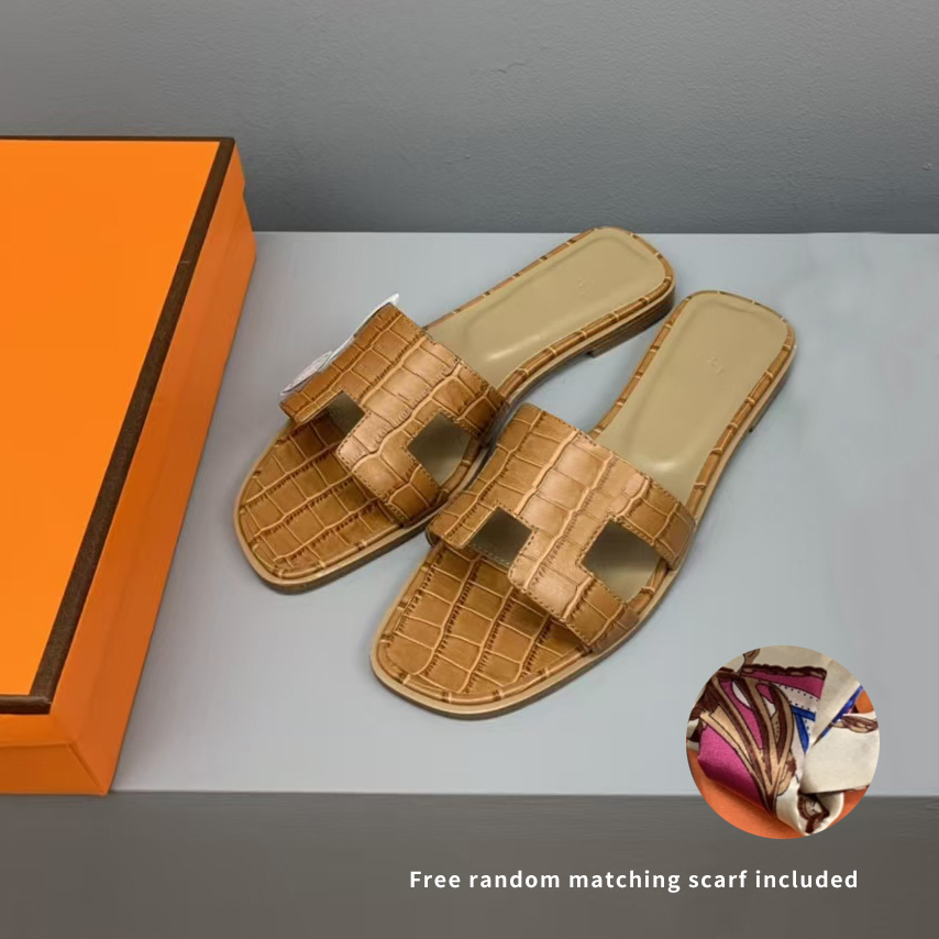 Flat Leather Slides Womens Luxury H Cutout Crocodile Embossed Fully Dyed Anti Crack Sole Summer Slip On Slippers Size35-40 Beach Home Outdoor Daily
