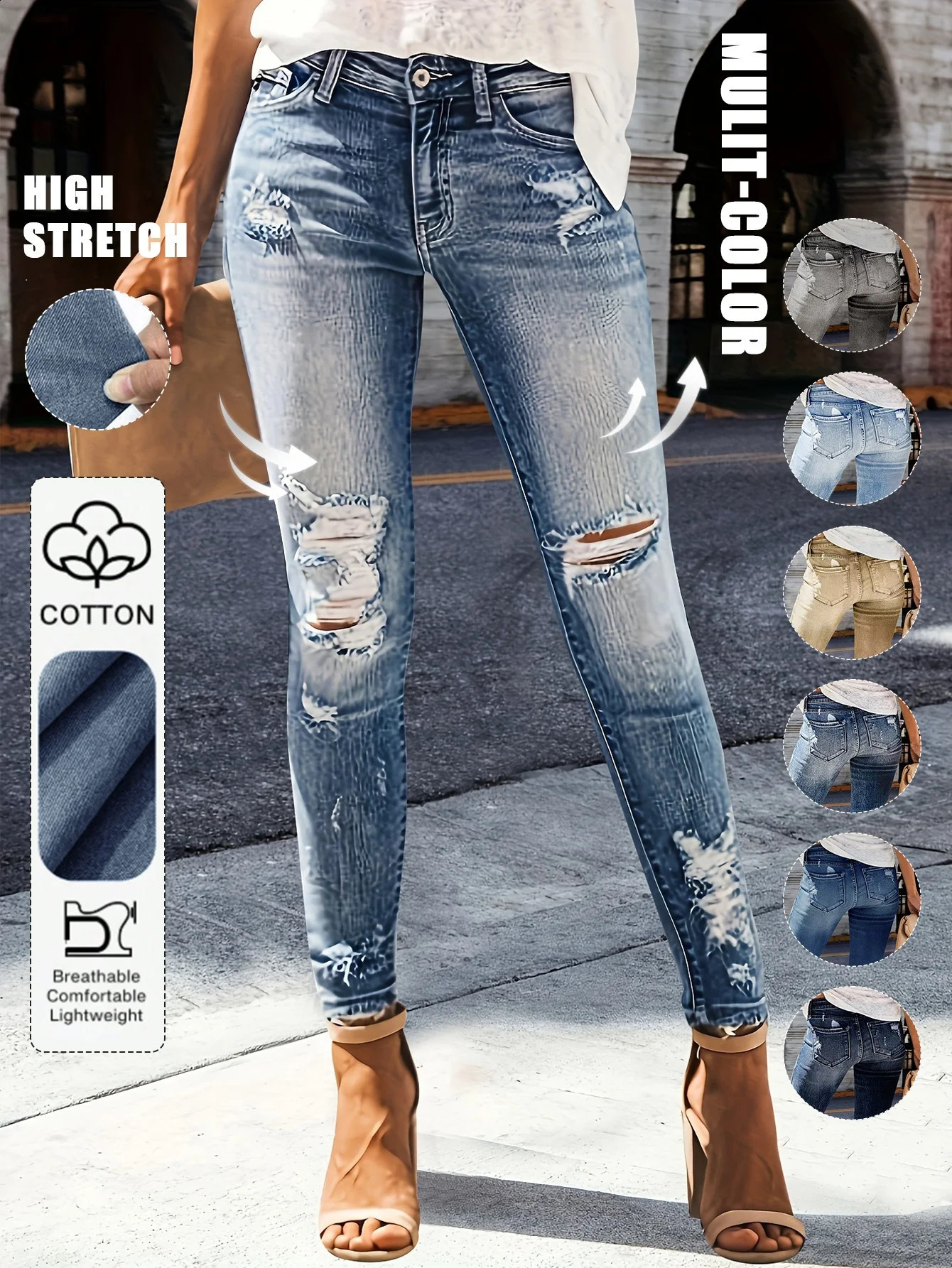 Womens Casual Elegant Party Solid Color Washed Cat Whisker Pattern Denim Ripped Skinny Jeans Tapered Pants Simple Daily Wear 260611