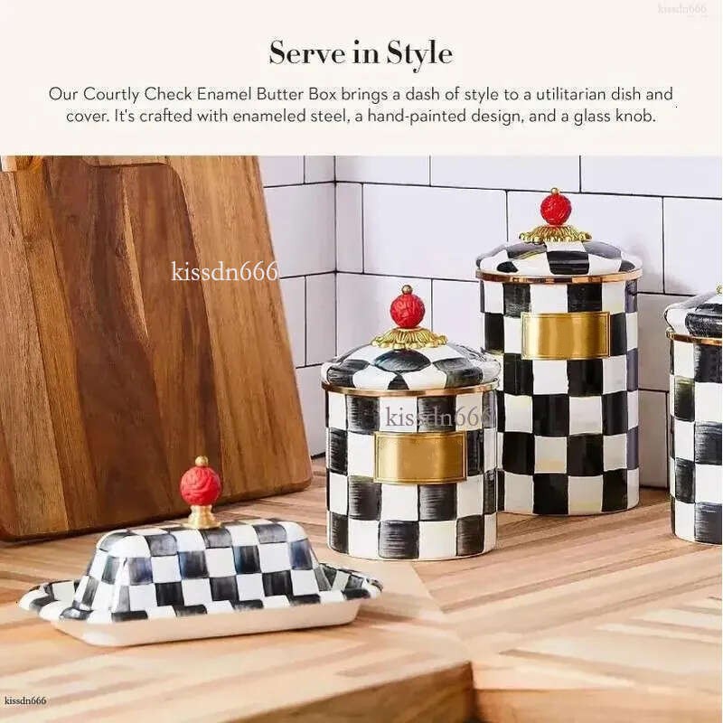 Courtly Check Enamel Butter Pot Black and White Cover Butter Box with Red Berry Knots Vintage Kitchen Storage Butter and Tableware L2684