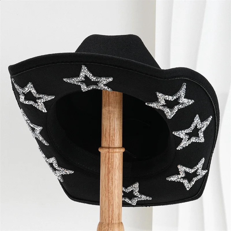 Femmes hommes Cowgirl chapeau à large bord strass étoile Western chapeaux pour mariage carnaval Rave fête voyage Costume accessoires 260615