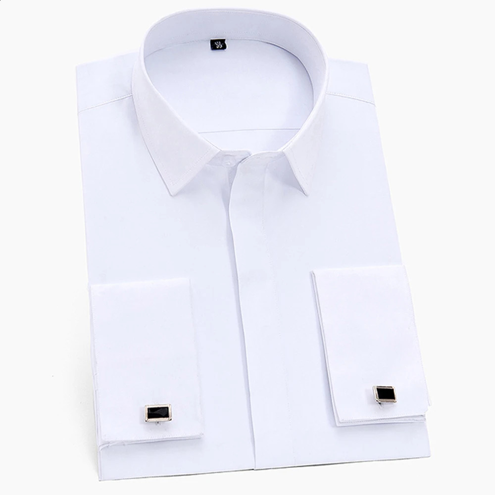 Mens Classic French Cuffs Solid Dress Shirt Fly Front Placket Formal Business Standard-fit Long Sleeve Office Work White Shirts 260616BJ