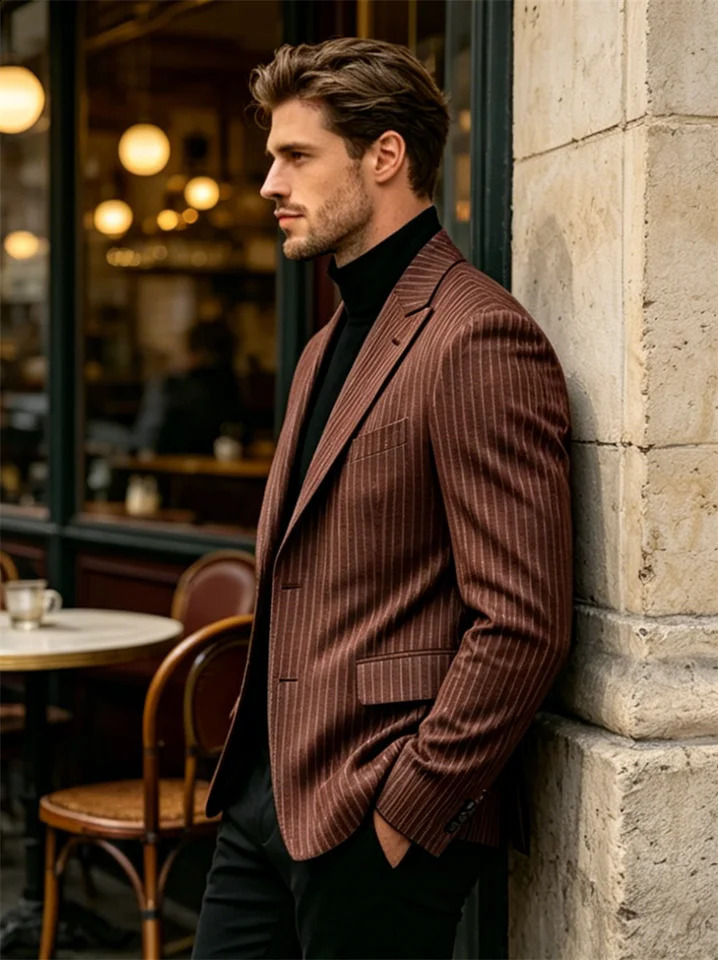Mens Striped SingleBreasted Suit Jacket Casual Business Lapel Collar Retro Wedding Tuxedos Fashion Blazer 260618 5a
