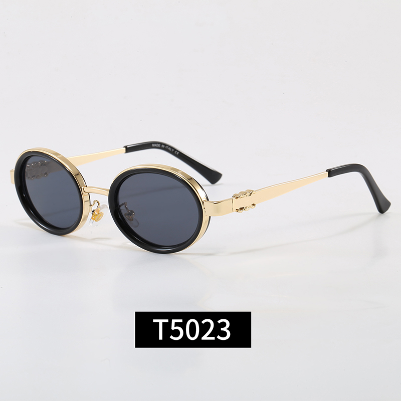 Vintage Oval Round Sunglasses T5023 Men Women Retro Double Layer Black Gold Frame Embossed Metal Temple Smoke Lens UV400 Protection Luxury Designer