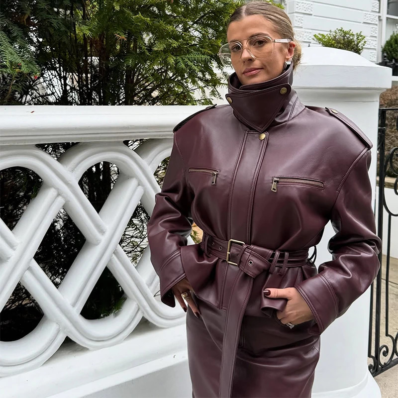 Vintage Womens Leather Jacket Stand Collar Pocket Short Coat Retro Waistband Zipper Outwears Autumn Winter Lad Jackets 260623