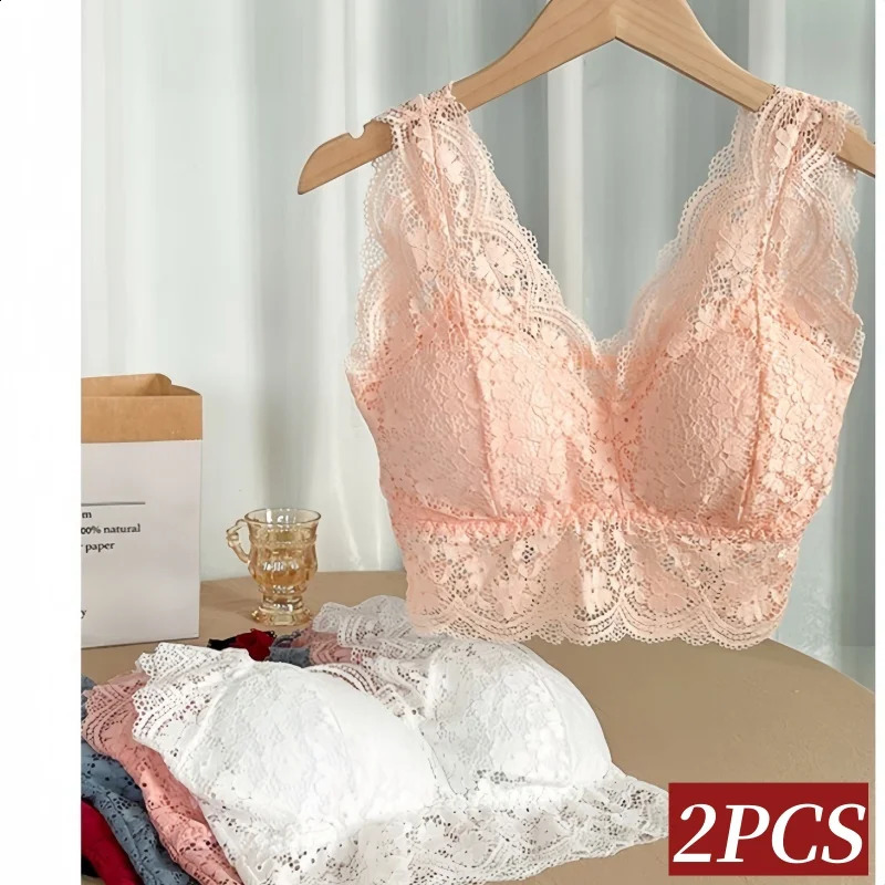 2PcsSet Lace Bras Tank Top Women VNeck Sexy Wire Free Bra Tops Female Underwear Padded Bralette Solid Color Lingerie 260618