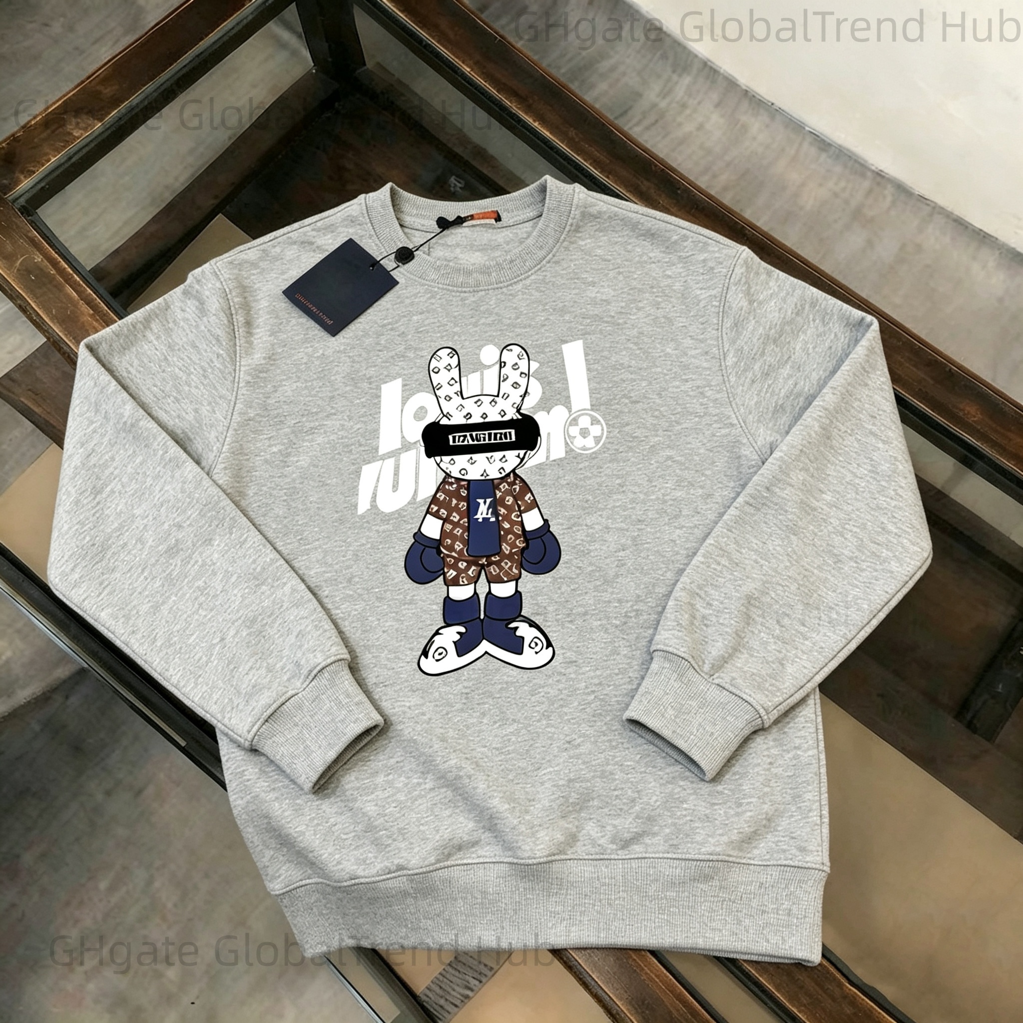 designer hoodie Men Cartoon Rabbit Print Crew Neck Sweatshirt, Oversized Loose Soft Fleece Pullover, Casual Sweat Top for Street Hip Hop Vacation Da