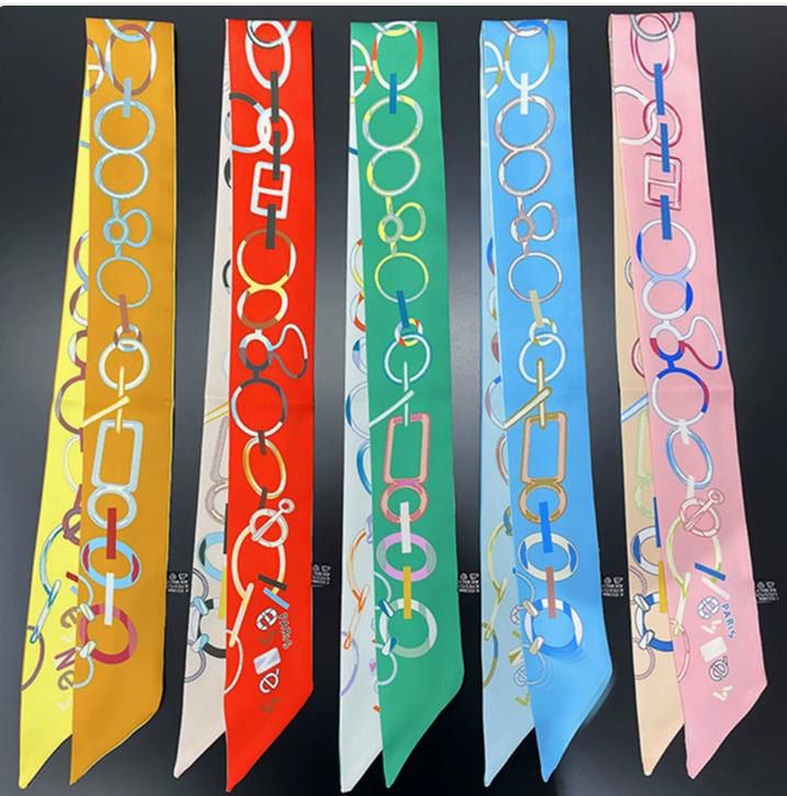 New Designer Silk Long Scarf Double sided narrow ribbon thin style Decor Print Versatile Hair Ribbon Neck Band Gift Present for Women Fashion Access