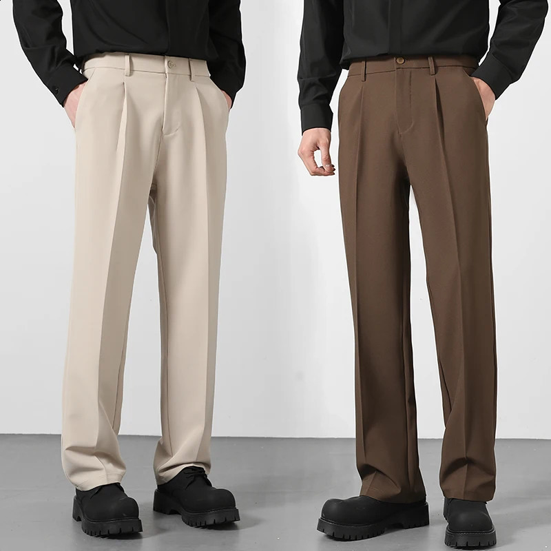 2025 Mens Loose Suit Pants Classic Straight Solid Color Drape Elastic Business Office Worker Casual Trousers Brown Khaki Gray 260618banjia