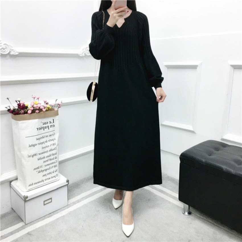 (1948) New Large Size Knitted Dress Long V-neck Loose Slimming Lantern Sleeve Maternity Dress-image-1111344178