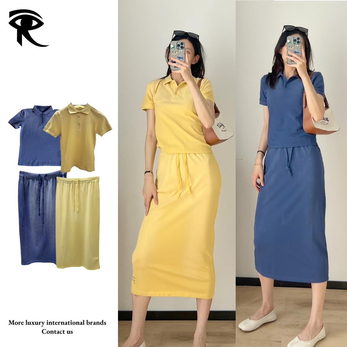 Pure Cotton Washed Vintage Polo Shirt Short Sleeve T-shirt Washed Midi Skirt Women Socialite Casual Sport Original Two Piece Dress Designer Dress Wh