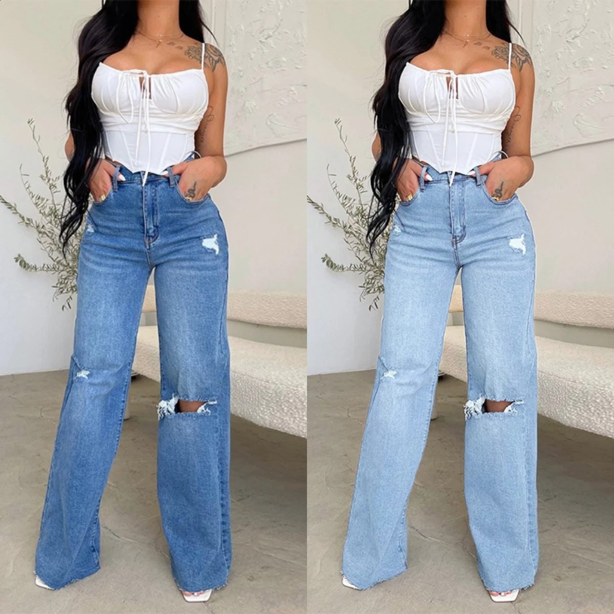 2023 Fall Womens High Waist Ripped Jeans Fashion Loose Denim Wide Leg Pants Casual Female Trousers S2XL Drop 260611 3d
