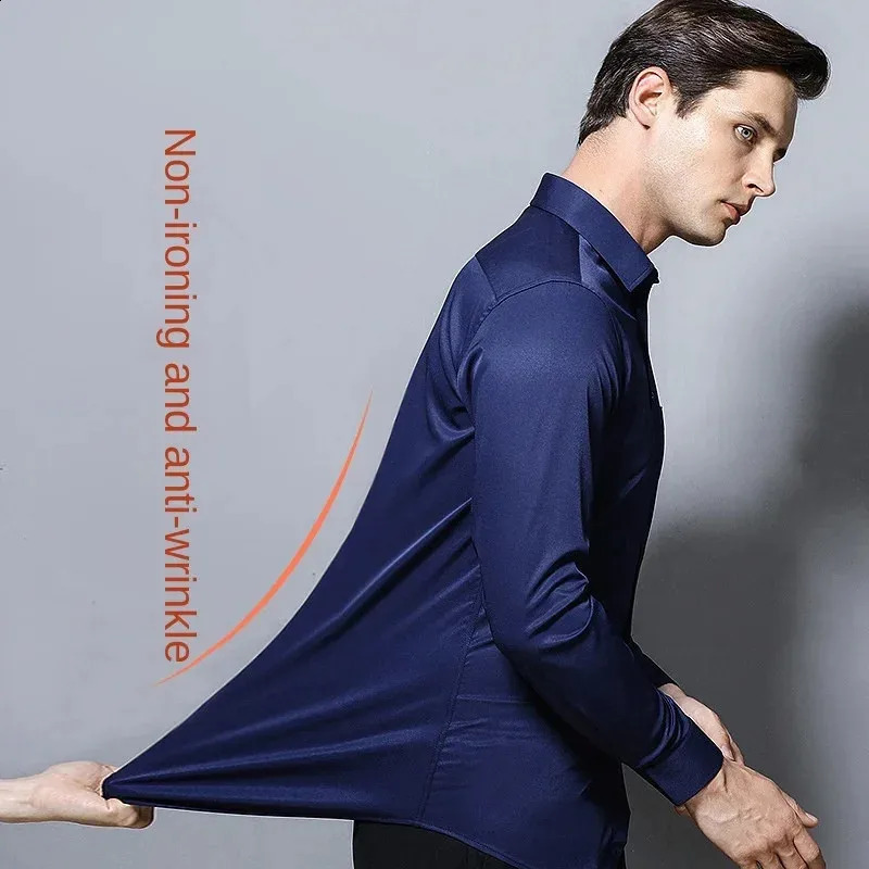 Mens Long Sleeved Elastic Shirt Non Ironing Casual Business Dress Professional Work Attire Slim Fit Navy Office Menswear 100KG 260616BJ