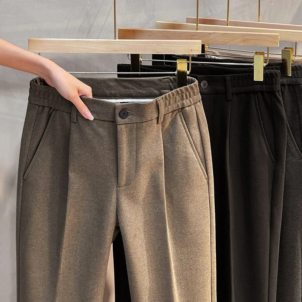 Autumn Winter Mens Woolen Suit Pants Korean Fashion Slim Straight Elastic Waist Formal Business Tapered Brown Trousers 260618banjia
