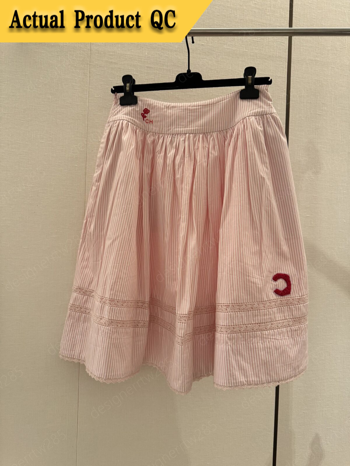 CC Vintage Pastel Vibe rose jupe à volants longue Seersucker rayé plissé jupes mi-longues dentelle Patchwork bas concepteur femmes survêtements v