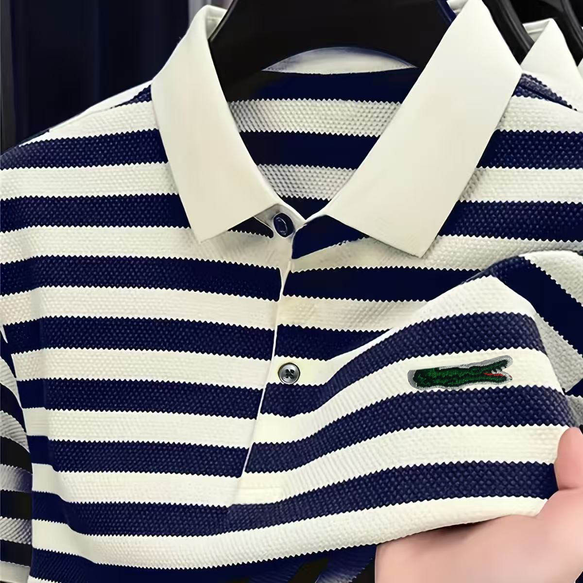 Mens Polo Designer Men Striped Polo Shirt Navy White Stripe Contrast Lapel Croc Logo Embroidery Cotton Short Sleeve Casual Golf Business Summer T Sh