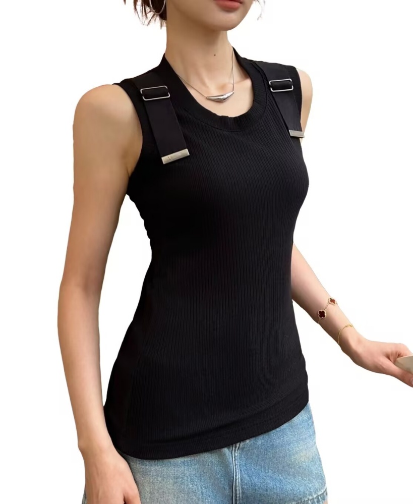 DesignerWomen Ribbed Knit Tank Top Metal Buckle Shoulder Strap Crew Neck Slim Fit Solid Color Sleeveless Casual Basic Camisole Vest