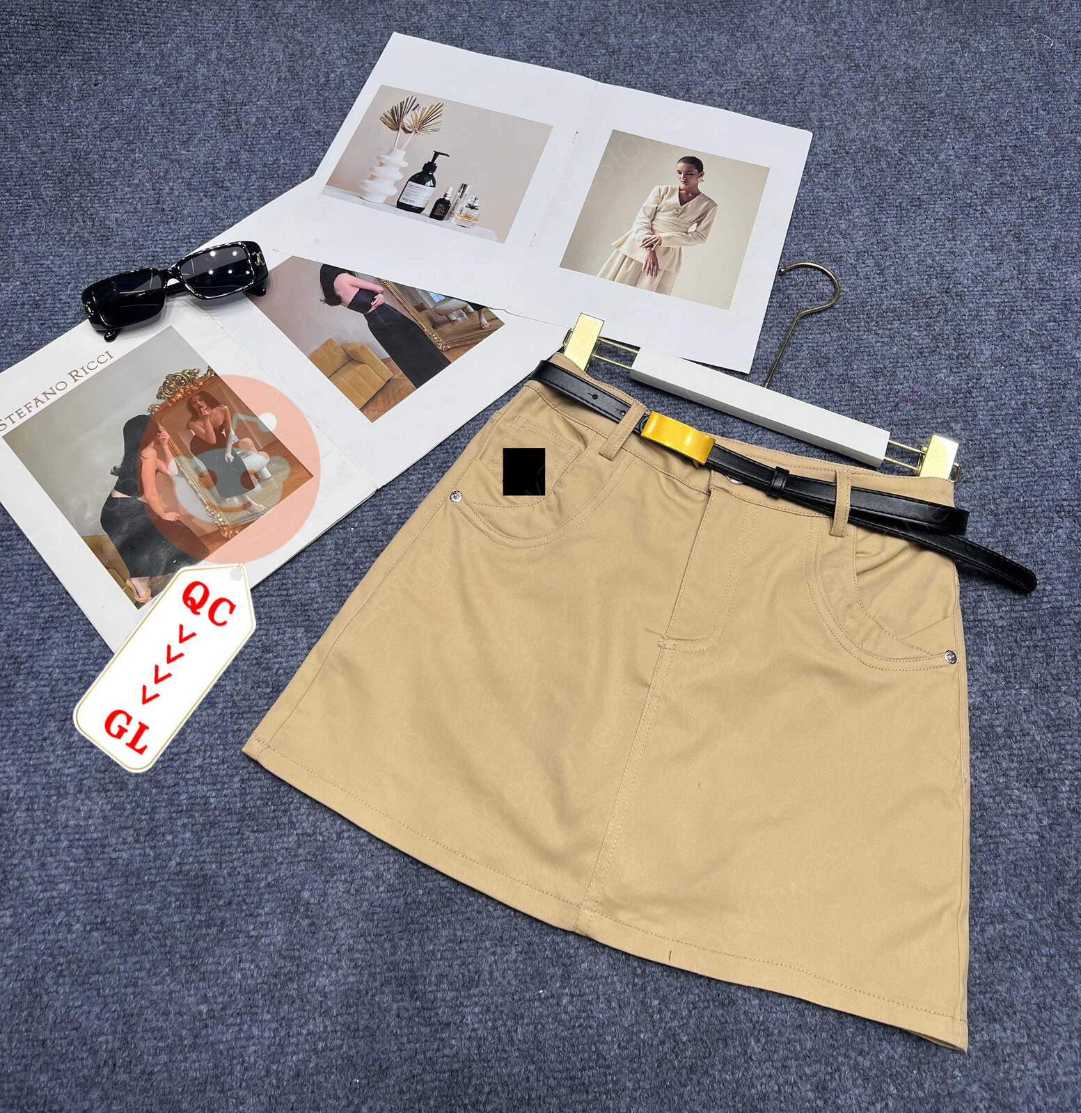 Designer Khaki Cotton A Line Mini Skirt with Belt Luxury Embroidered Classic Short Skirts Runway Style Vintage High Waist Activewear Ladies Vesti-image-1111472493