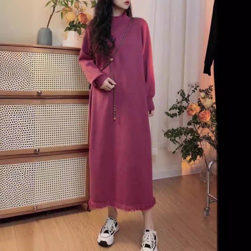 (1997) New Large Size Knitted Sweater Dress Autumn and Winter Korean Style Loose Half Turtleneck Tassel Inner Bottom Dress-image-1111437050