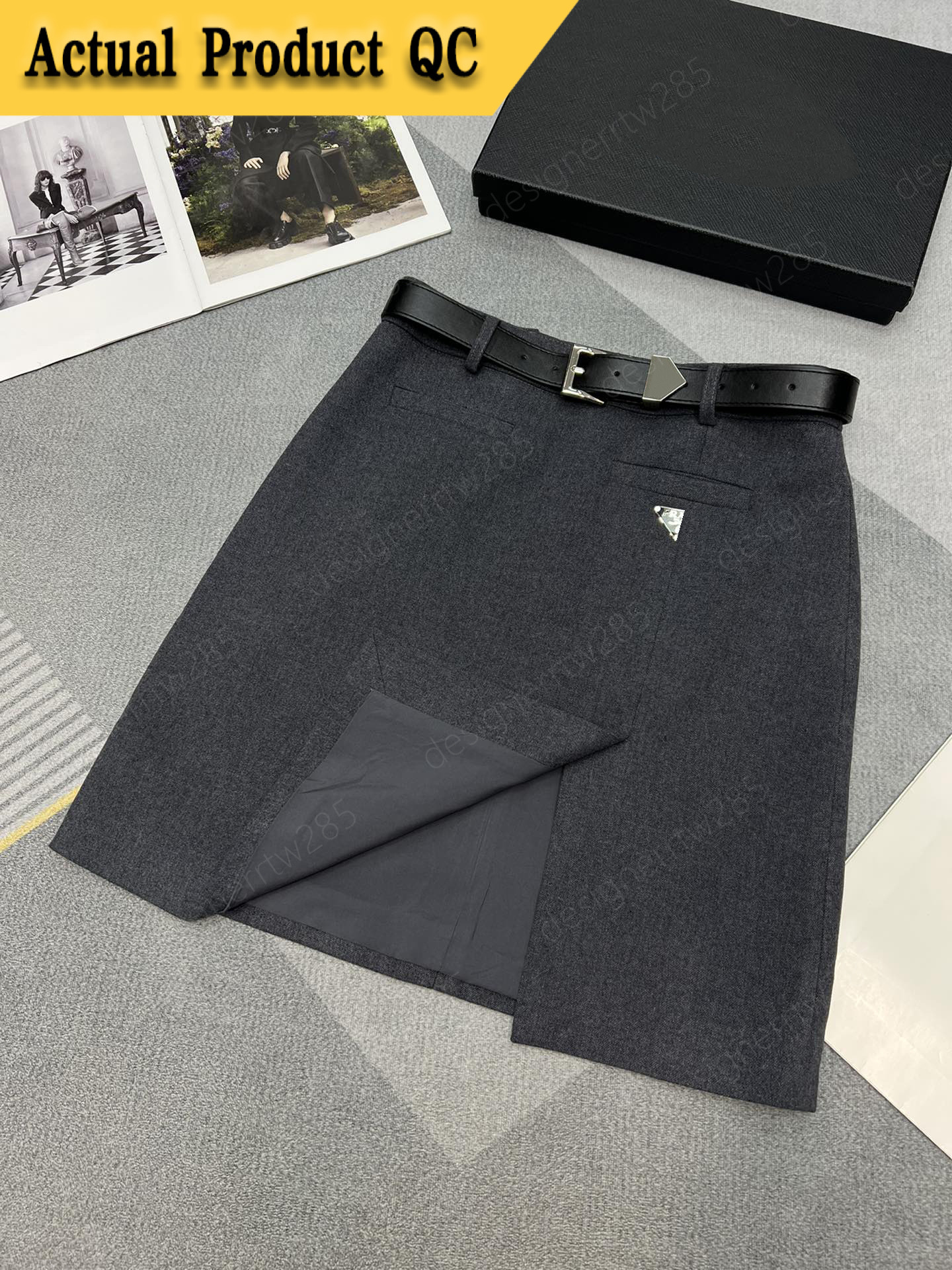 Vintage Quiet Luxury Style Wool Skirt Grey Belted Straight Slim Fit Midi Skirts Office Lady Uniform Bottoms Designer Women Clothing-image-1111462793