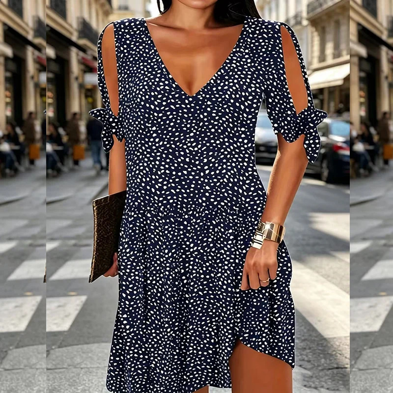 Womens Elegant VNeck Summer Polka Dot Print OffShoulder Dress Suitable for Vacation Music Festivals and Everyday Casual Wear 260613banjia