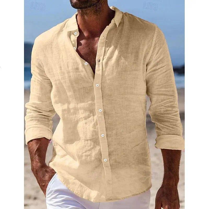 New Summer Mens Casual Cotton Linen Long Sleeve Collared Shirt Breathable Lightweight Daily Wear Comfortable Soft Fashion Mens
