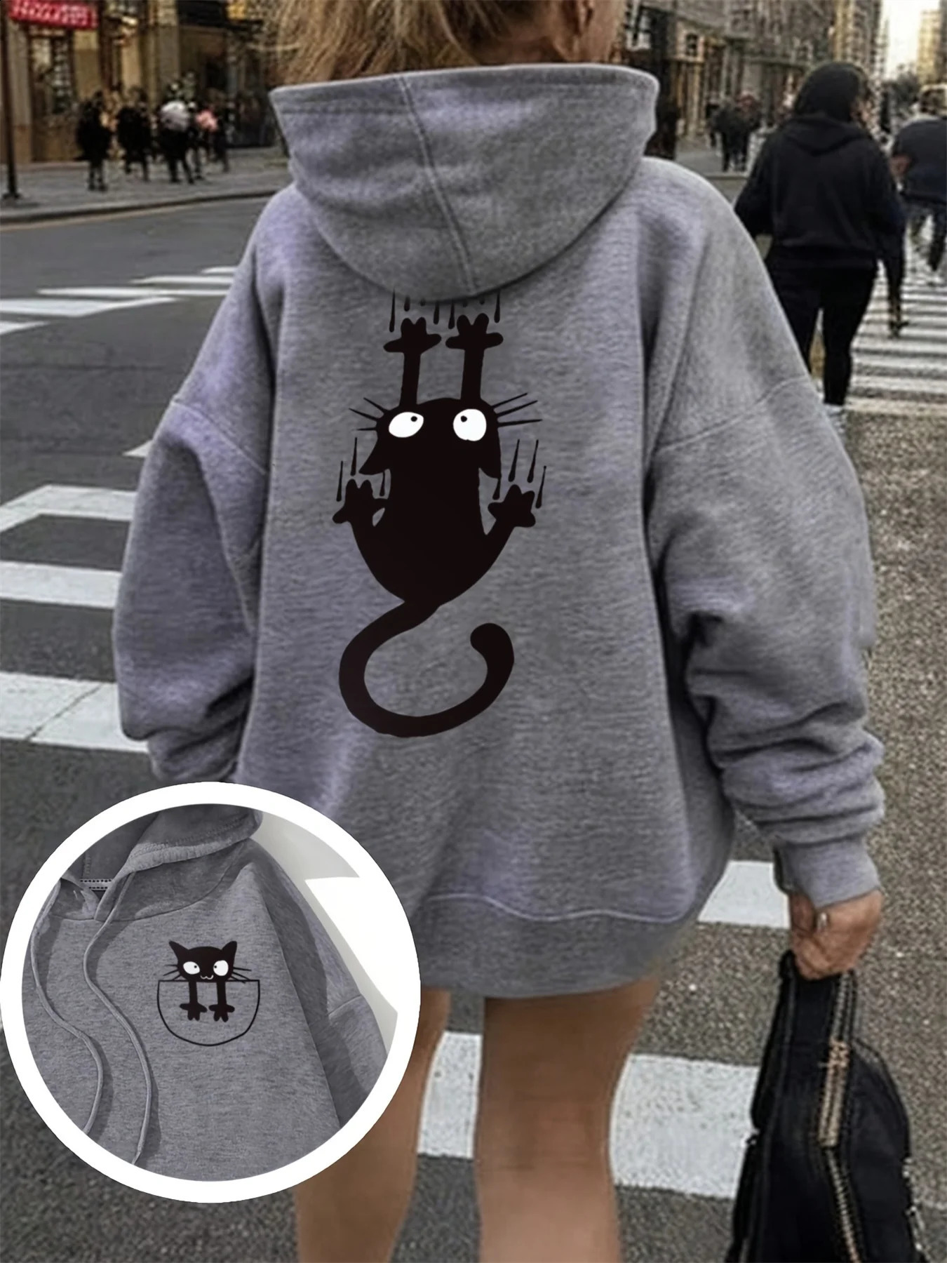 Felpa casual da donna con cappuccio e stampa con simpatico motivo a gatto, girocollo, maniche lunghe, per il calore autunnale e invernale, stile nor