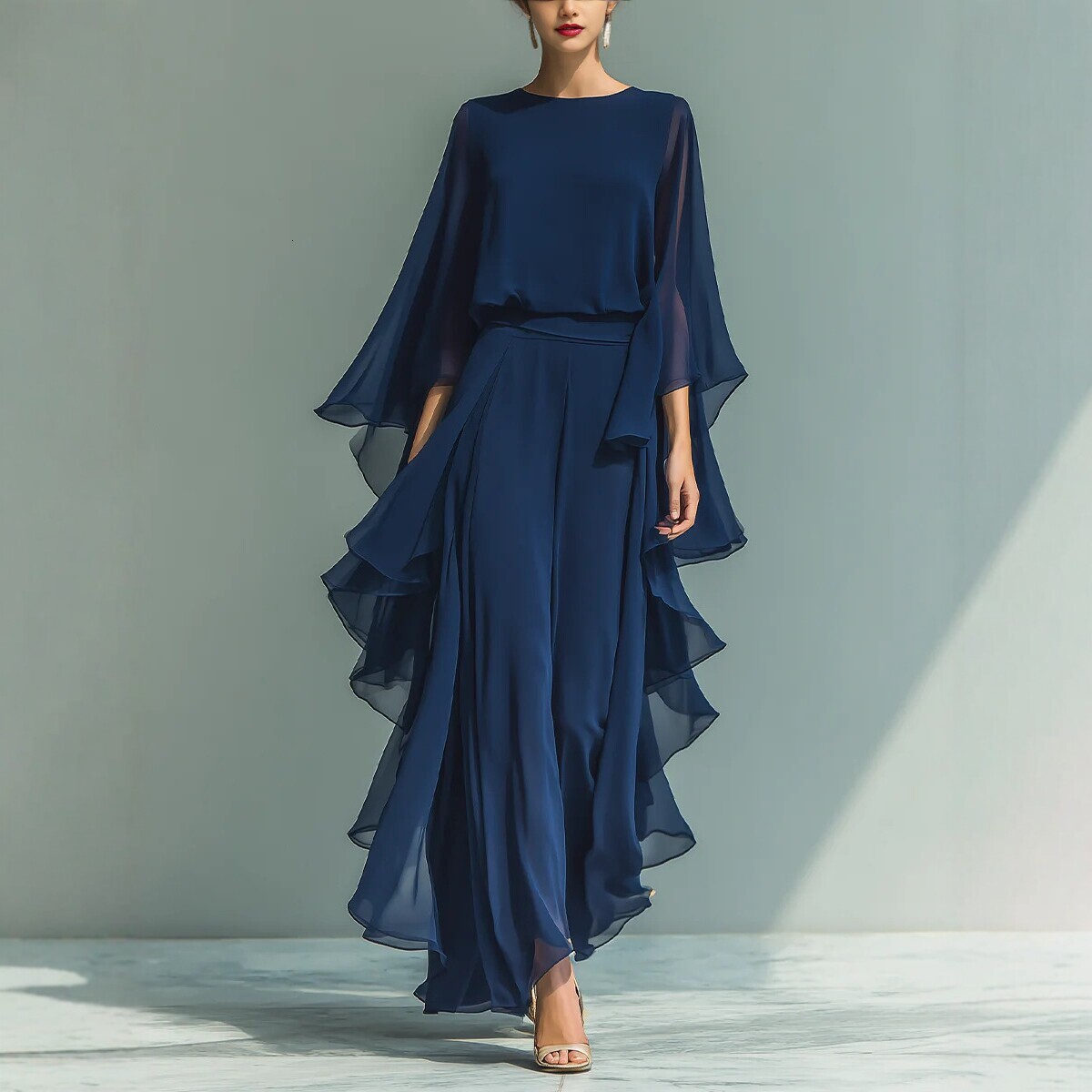 Free shipping 2026 New Style Dark Blue Ruffle Wide-Leg Pants Set for Women, Fashionable and Elegant Two-Piece Long-Sleeve Casual Outfit