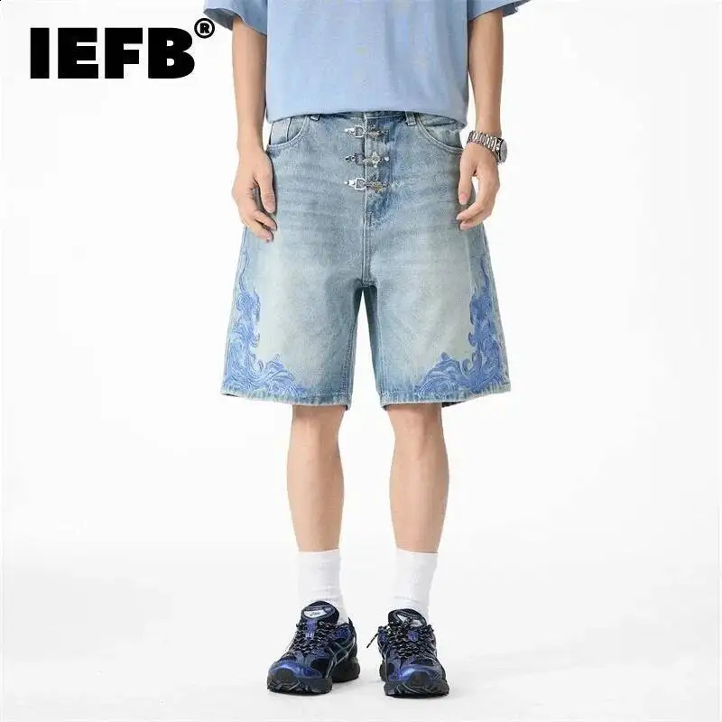 IEFB Mens Denim Shorts Light Blue Washed Embroidered Metal Button Vintage Distressed Loose Summer Knee Lengt Pants 9X3474 260617