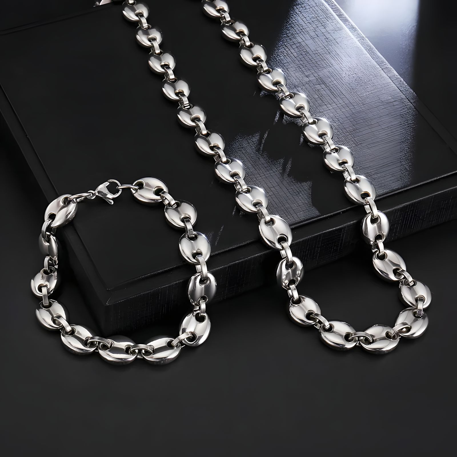 Hip Hop Handcuffs Shape Graduated Chains 18K Real Gold PlatedStainless Steel Coffee Beans Necklaces Bracelet Jewelry Set-image-496801073