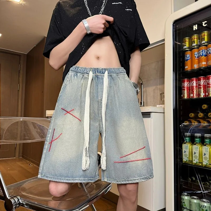 Summer Mens Washed Embroidered Straight-leg Denim Shorts Y2K Vintage Drawstring Baggy Jorts High Street Fashion Short Jean 260617