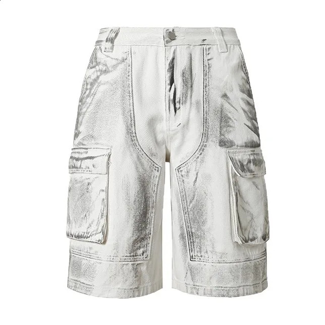 Y2k Streetwear Distressed White Cargo Denim Shorts Mens Multi-Pocket Loose Fit 5-Inch Retro Denim Casual Utility Short Pants 260617