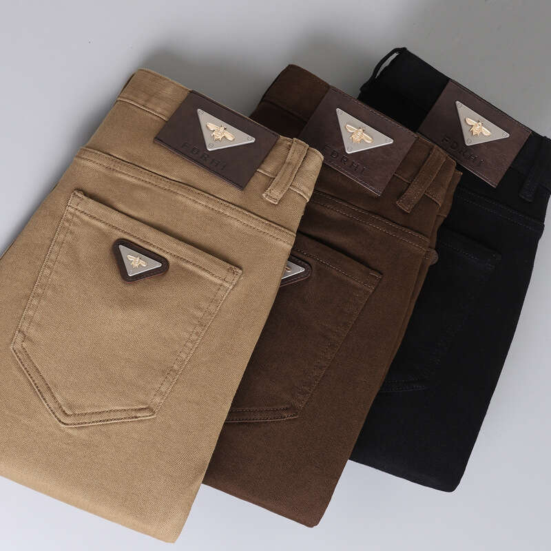 Brown Denim Jeans For Men, European Fashion Stylish High-End Business Men's Wear, Casual Versatile Trendy Solid Color Slim-Fit Pants