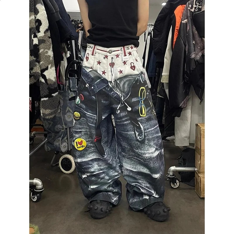 American Retro Double Waistband 3D Printed Washed Baggy Y2K Fashion Niche Loose Casual Harajuku Street Wide Leg Jeans 260617 cc