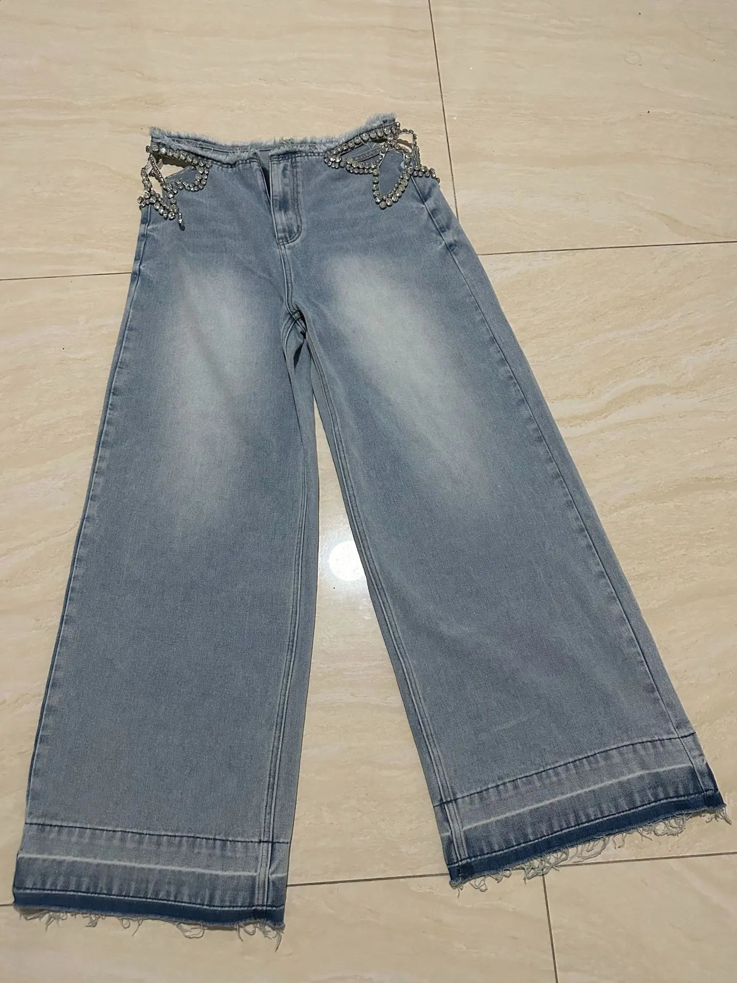 Y2k Womens High Street Crystal Star Hollow Out Jeans For Women Straight Casual Wide Leg Denim Trousers Female 260618