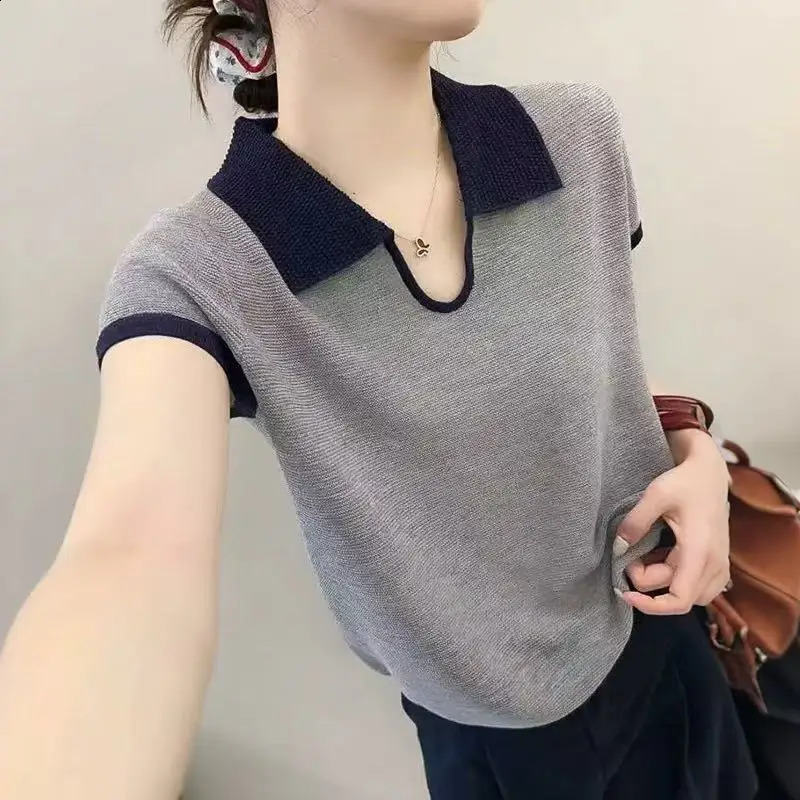 Short Sleeve Knitted Polo Shirt Women Summer Crop Tops Y2K Tshirt Female Teengirl Fashion Outfit 260618