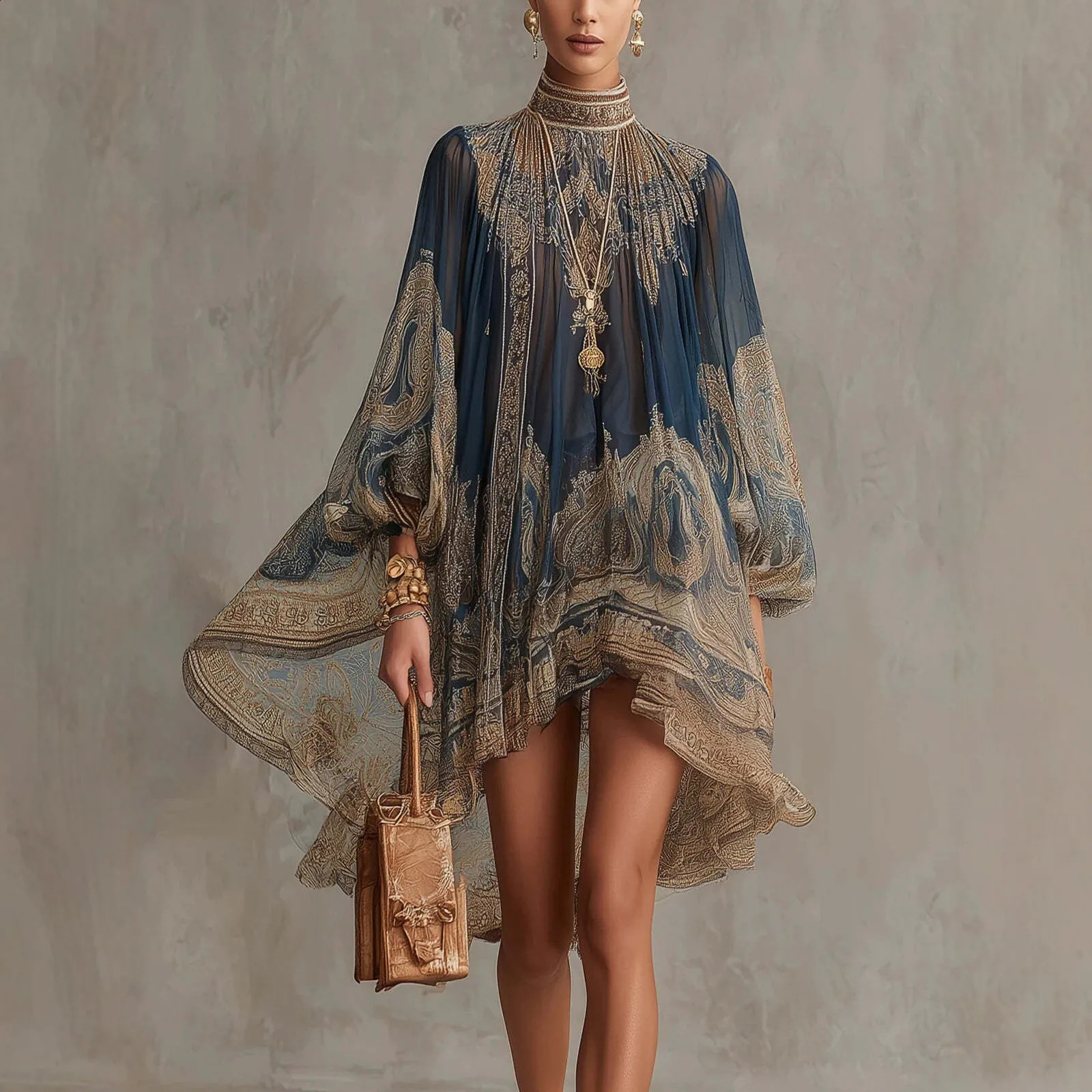 2026 European and American turtleneck printed chiffon loose vacation style shawl long sleeved womens dress 260618