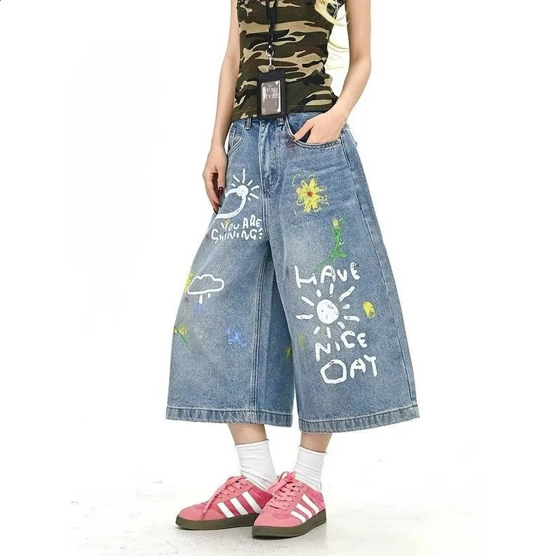 Summer Mens Graffiti Funny Graphic Printed Baggy Jorts High Street Fashion Straight Denim Shorts Y2K Streetwear Short Jean 260617