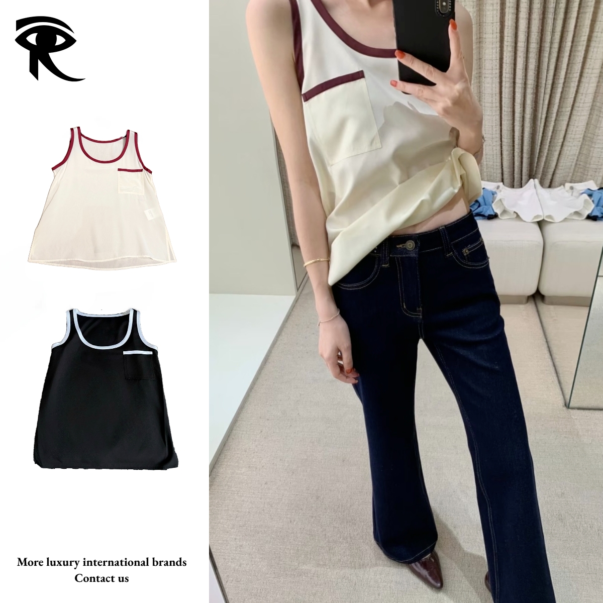 2026 Summer New 100% Silk Tank Top Minimalist Cool Tone Color Block Letter Embroidery It Girl French Luxury Camis Original Designer Camis Factory