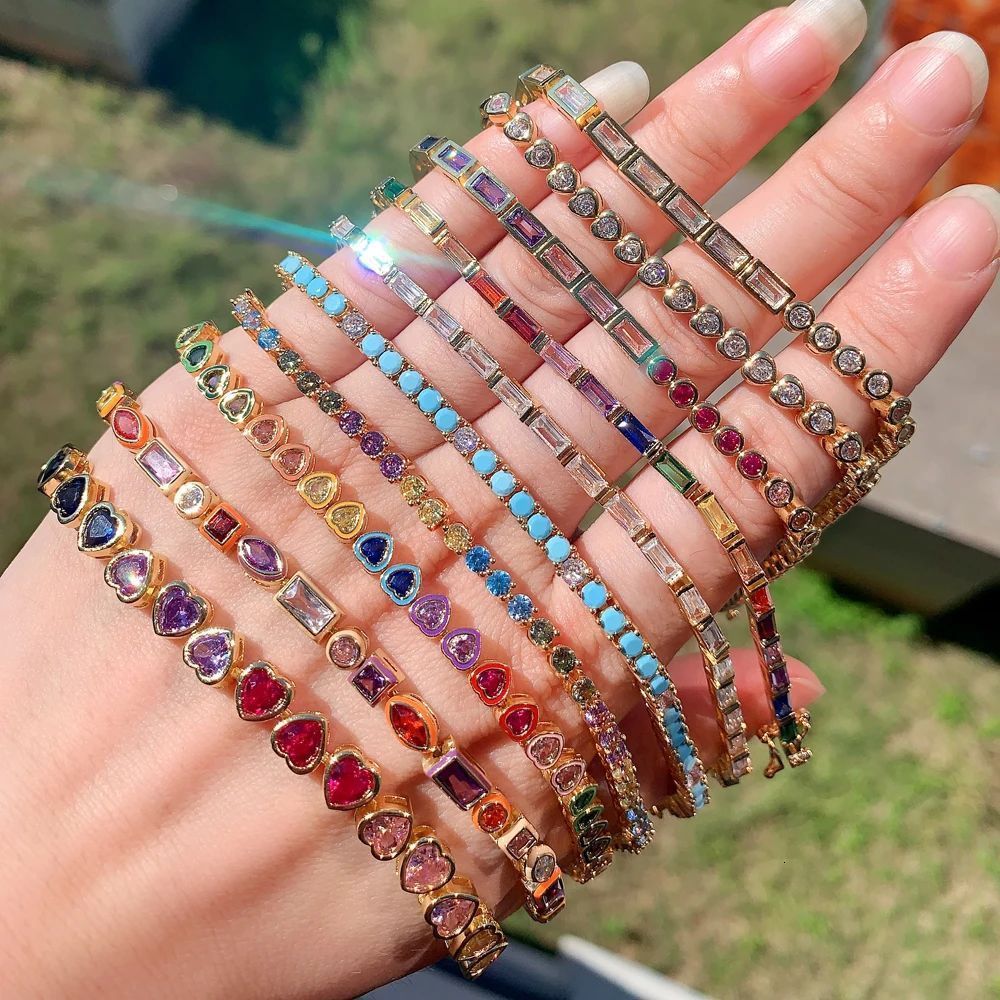 Bracelet de Tennis classique en forme de cœur d'amour pour femmes, pavé de Zircon et d'or Turquoise, or Rose, plaqué platine, bijoux à la mode 25