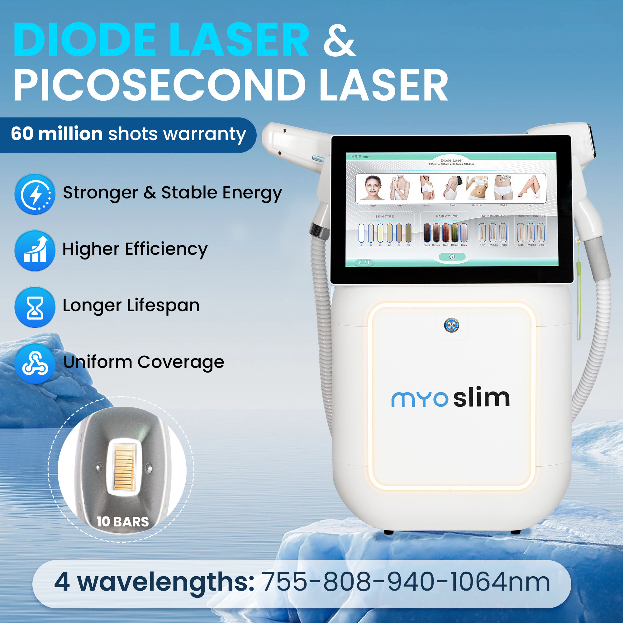 Professional 10 Bars Diode Laser Picosecond 4 Wavelengths 755 808 940 1064nm Hair Removal Tattoo Removal Machine 60M Shots Sapphire Cooling-image-1111549042
