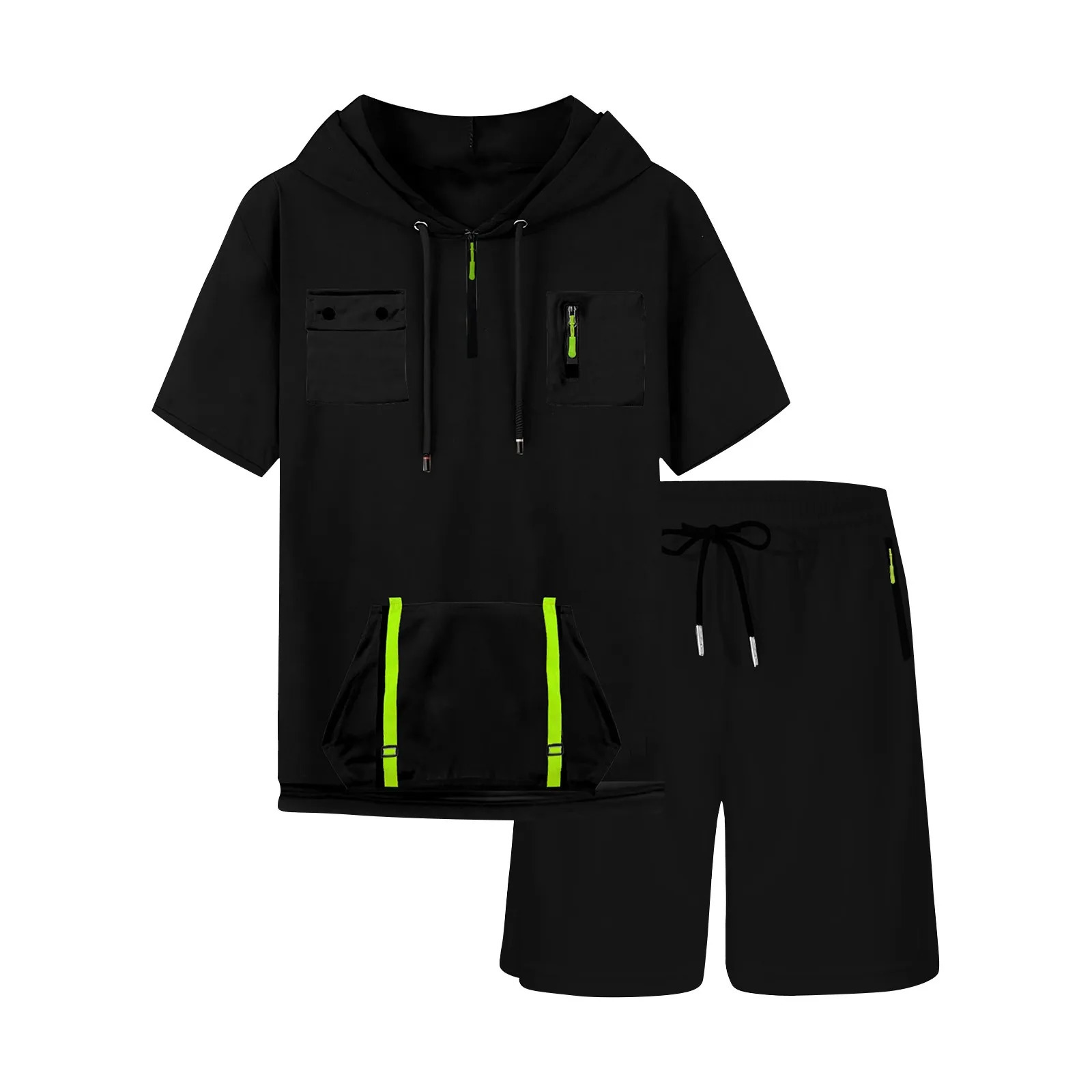 Mens summer shortsleeved Tshirt with hooded collar suit sports mens casual shorts twopiece male 260613banjia