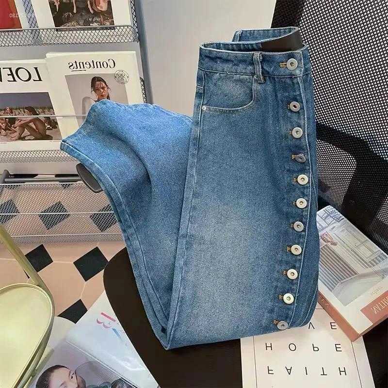 Jeans da donna retrò blu dritto 2026 primavera autunno multi bottoni pantaloni slim a gamba larga in denim pantaloni femminili Strtwear S260622