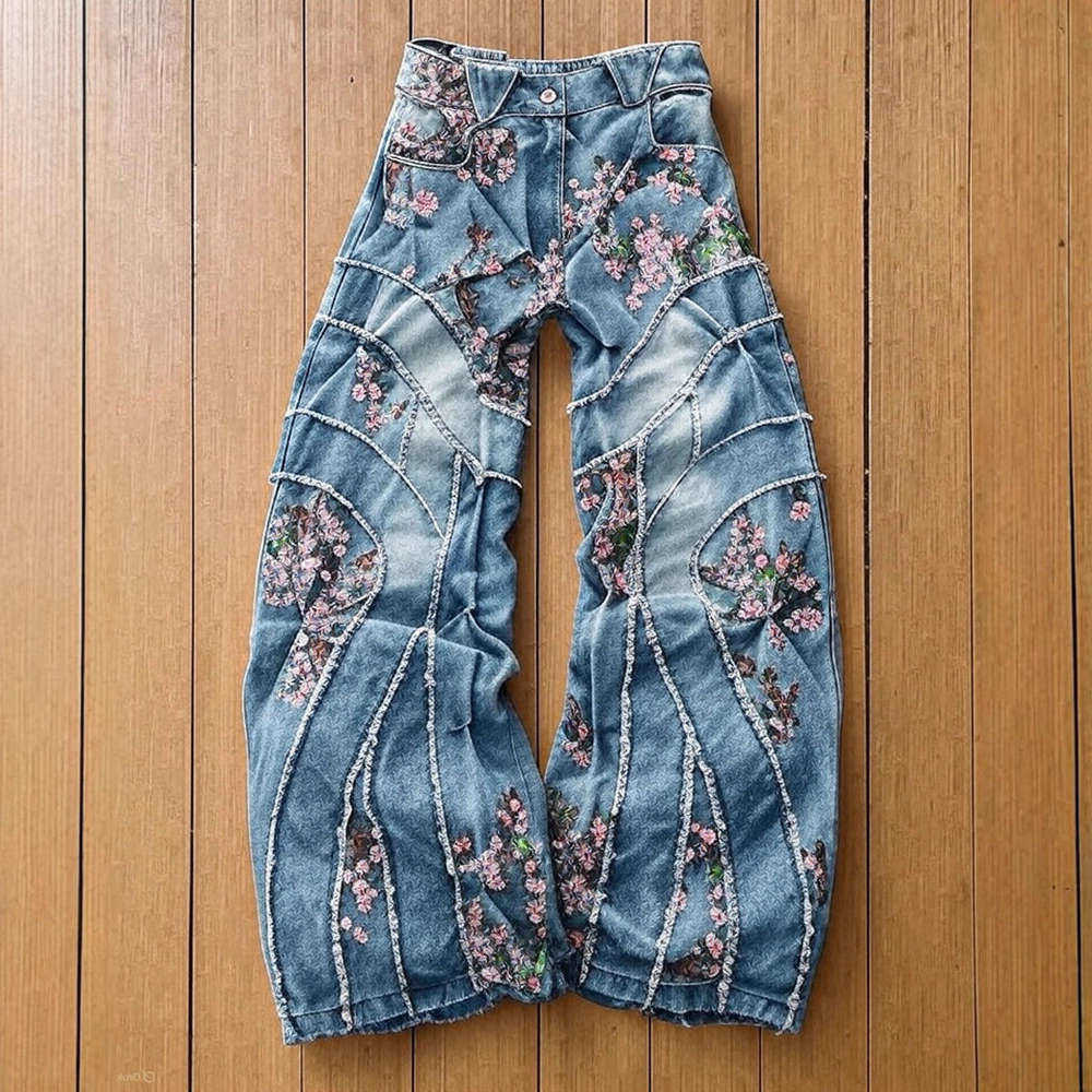 Cherry Hefxessdr Blossom Embroidery Holes Retro Blue Jeans Female Y2K New Joker Wide-Leg Pants Chinese style jeans womens clothing S260622