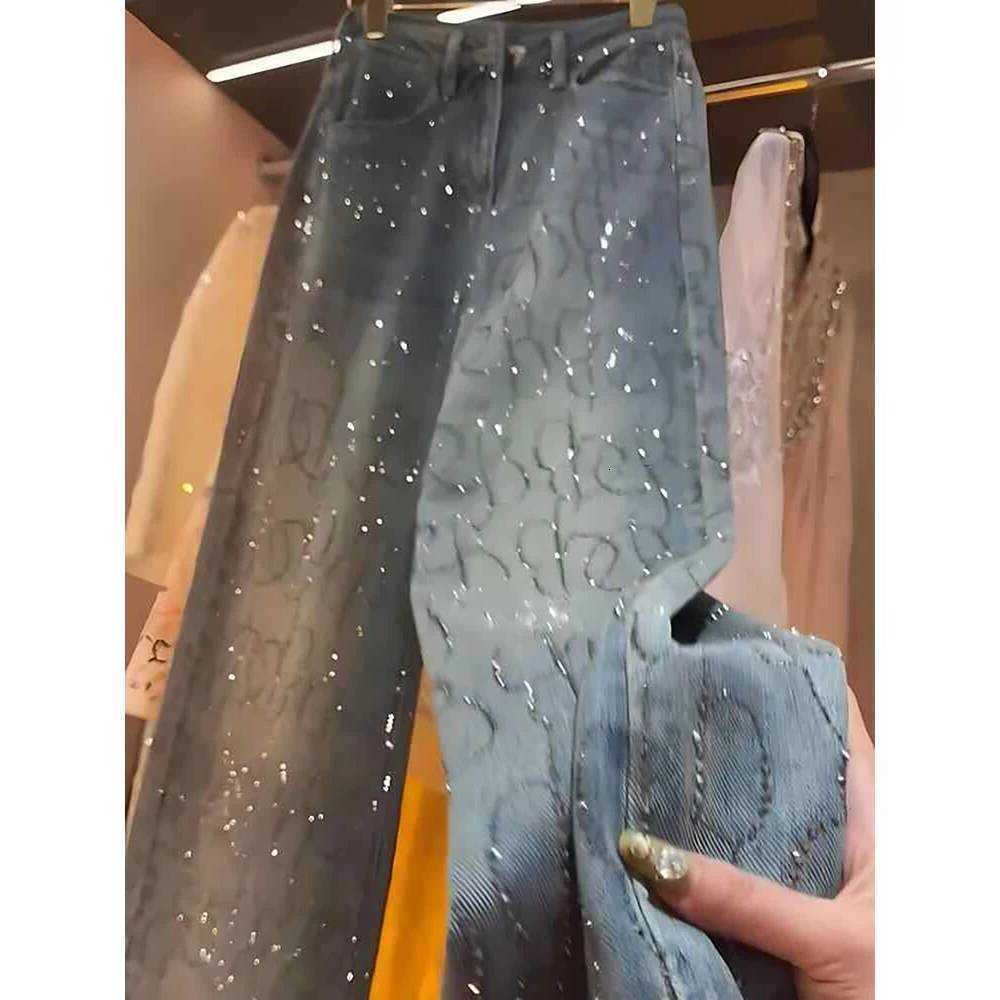 Stamping Hot Jeans per donna 2025 Primavera Autunno Rivetto lucido Gamba larga Pantaloni in denim dritto femminile S260622