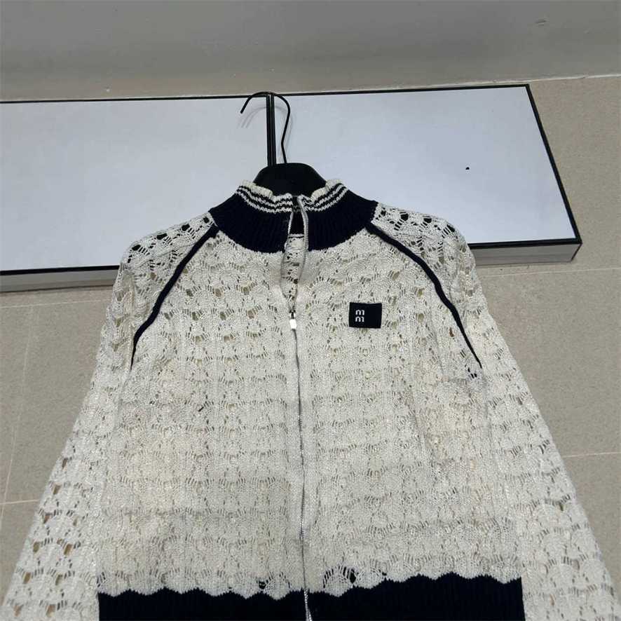 Designer's high-quality clothing Spring style color-blocked zippered long-sleeve knitted cardigan for women French-style hollow-out versatile j