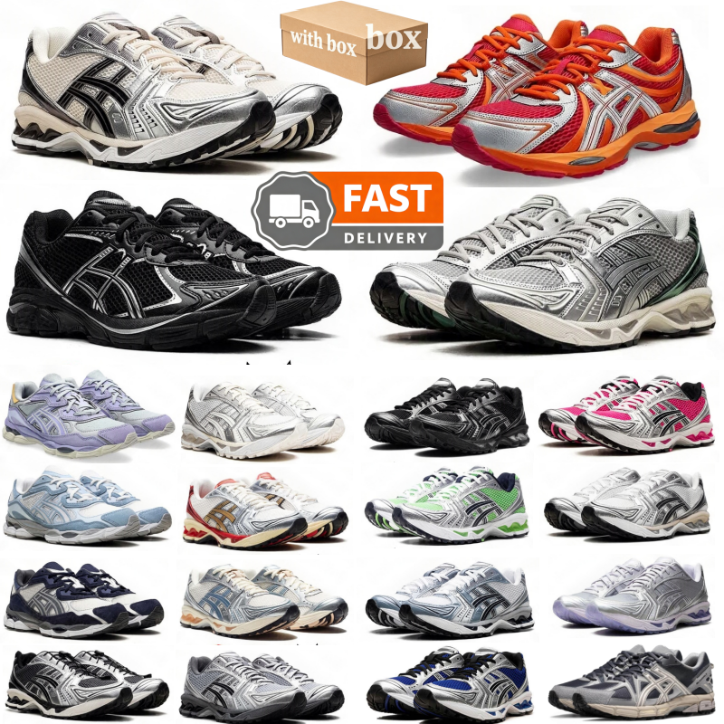 Avec boîte Designer asices Running K14 Chaussures Pour Hommes Femmes Japon kayano14es Baskets asci kayanoes gels Chaussure Métallisé Argent Tripl