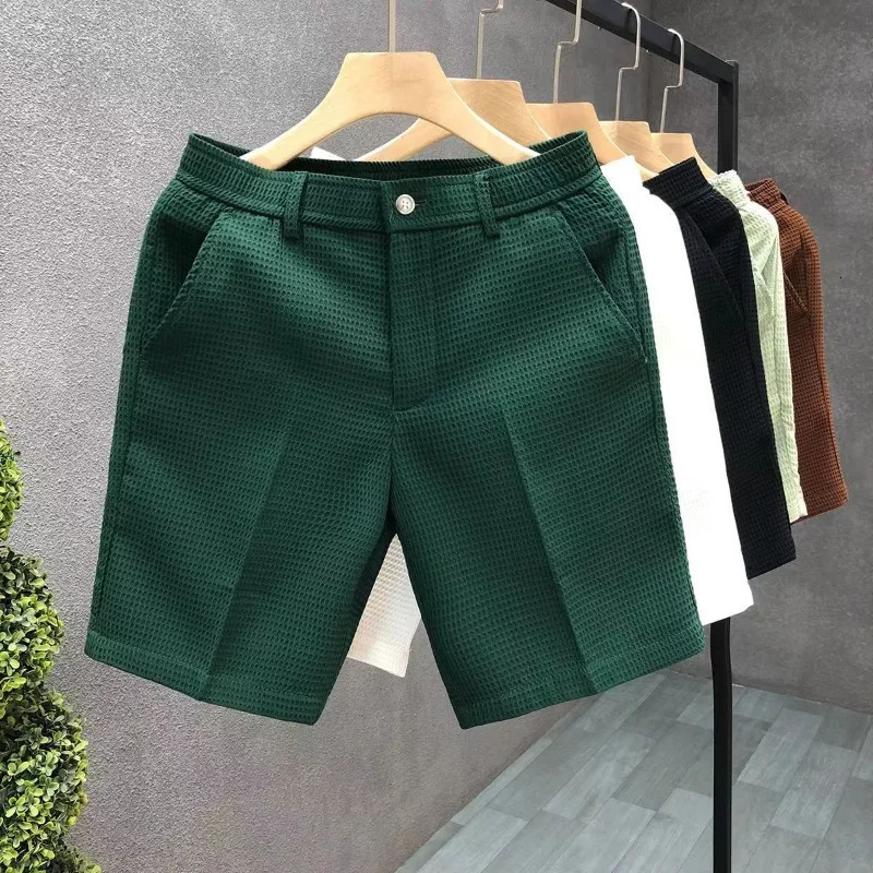 Mens Shorts Plaid Texture Solid Straightleg Business Social Elastic Waist Button Short Pants Loose Knee Length Casual 260622