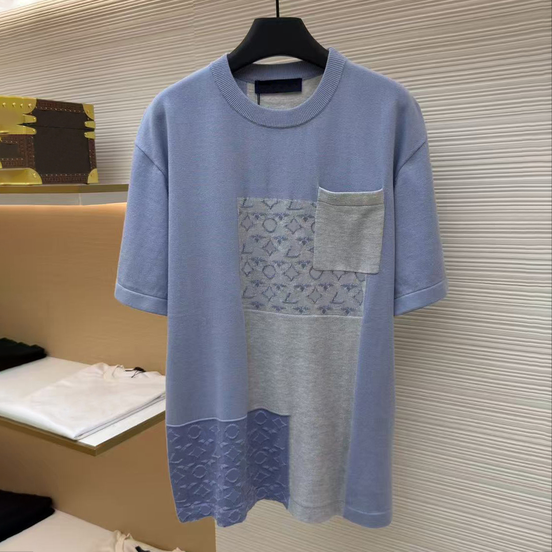 Senior designer men's T-shirt Polo shirt men's light blue floral knitted short sleeved embossed T-shirt shorts set casual sports set